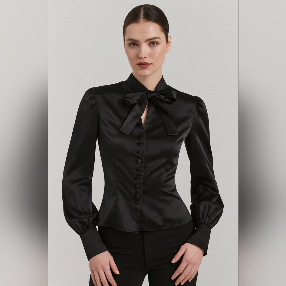 Sexy, elegant and Feminine Tom Ford Black Satin Blouse with bow, Sz XXS